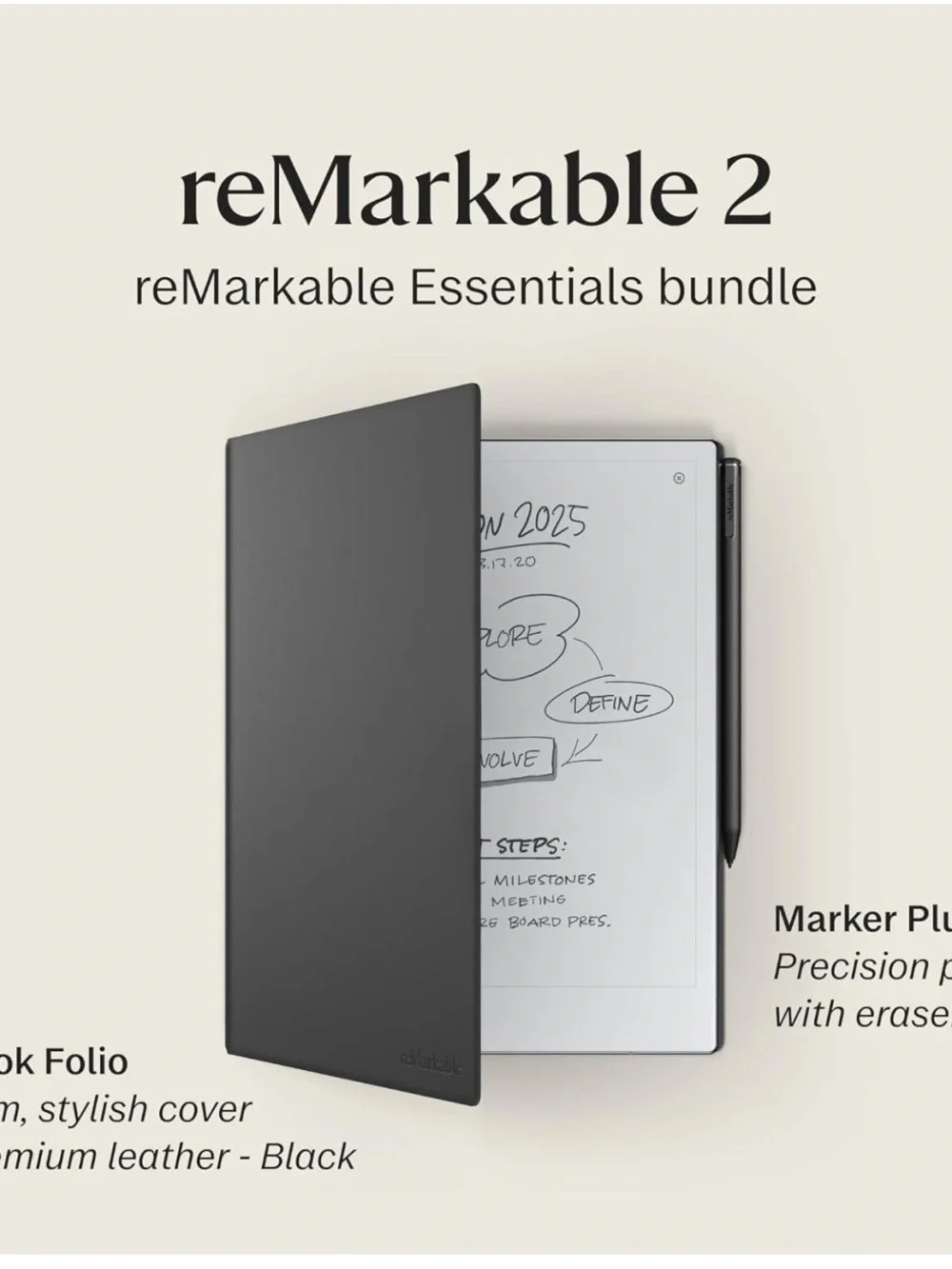 reMarkable 2 White E-Ink Tablet with Black Marker and Black Folio